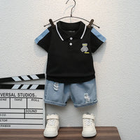 Boys Black Graphic Polo T-Shirt With Denim Shorts Set Sets