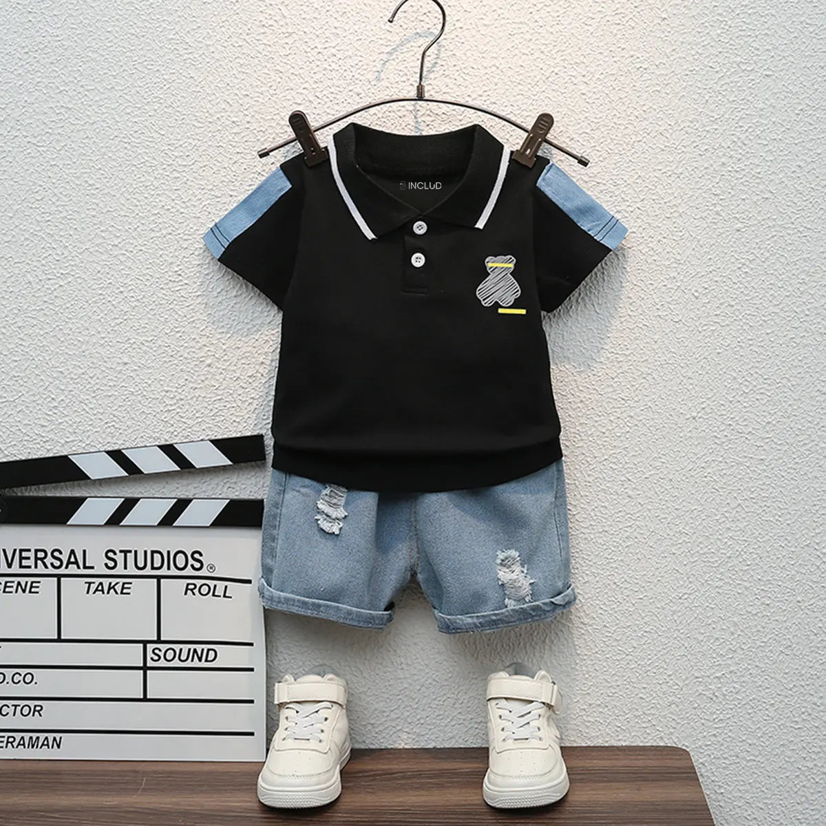 Boys Black Graphic Polo T-Shirt With Denim Shorts Set Sets