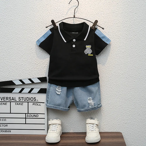 Boys Black Graphic Polo T-Shirt With Denim Shorts Set Sets