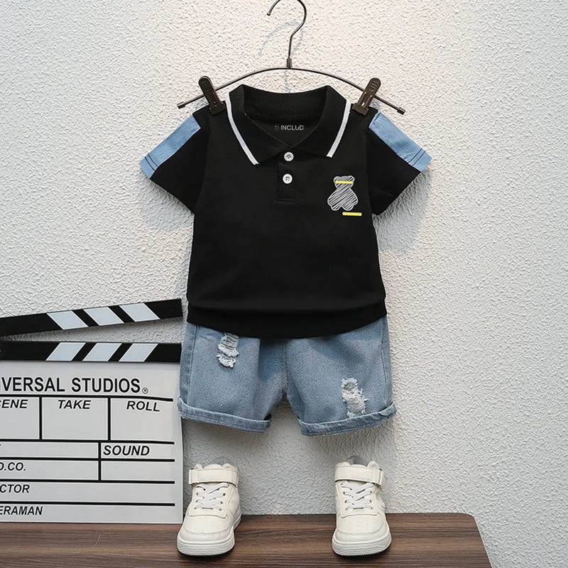 Boys Black Graphic Polo T-Shirt With Denim Shorts Set Sets