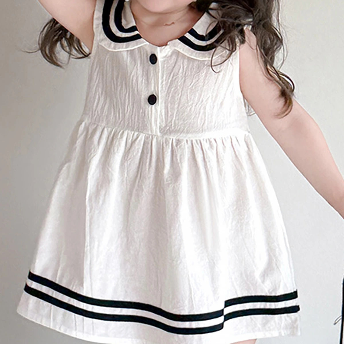 Girls White Sailor Collar Sleeveless Fit & Flare Dress with Contrast Striped Casual Dresses