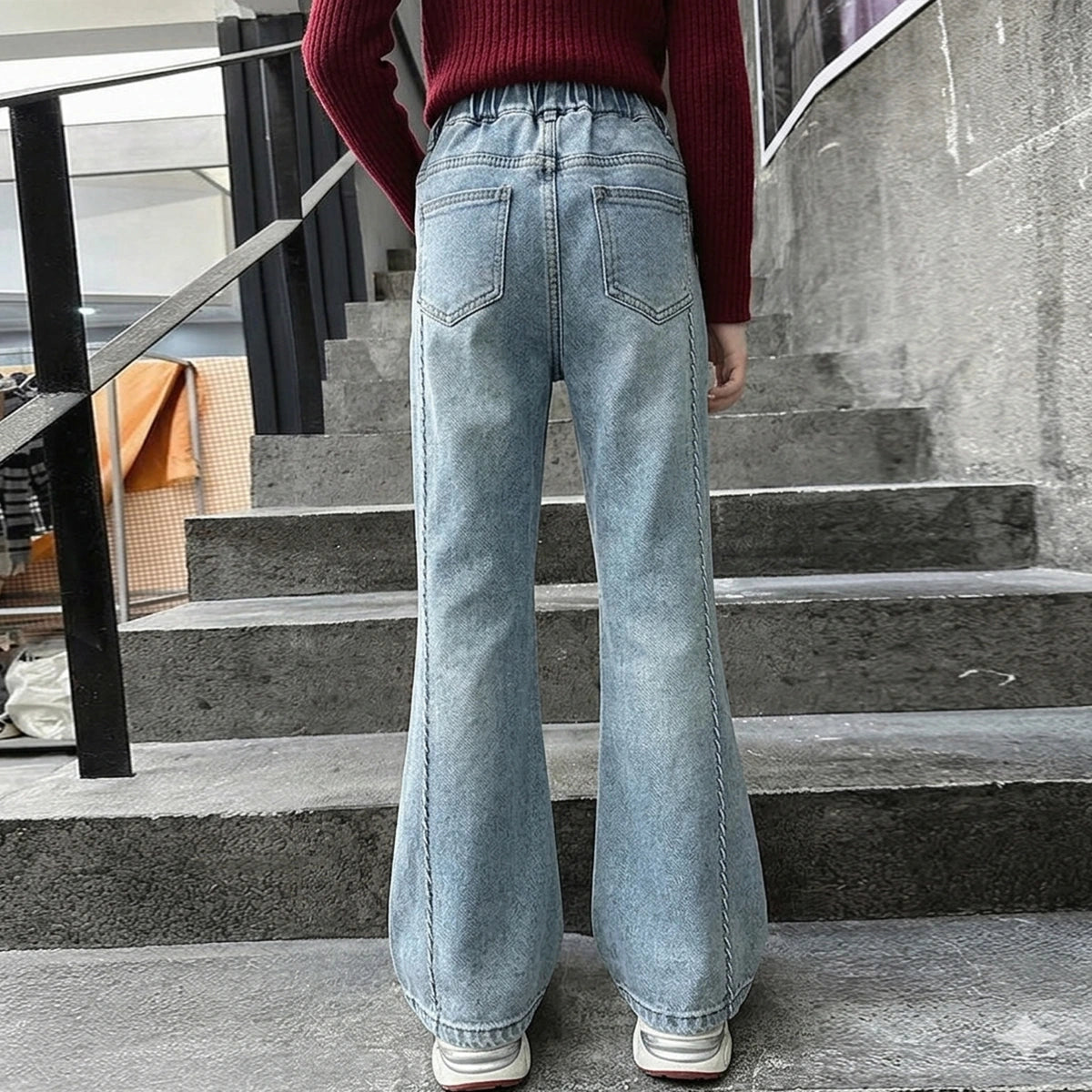 Girls Light Blue Braided Front Seam Relaxed Fit Denim Jeans Pants