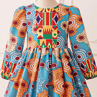 Girls Light Blue Floral Fit & Flare Dress With Long Sleeves Casual Dresses