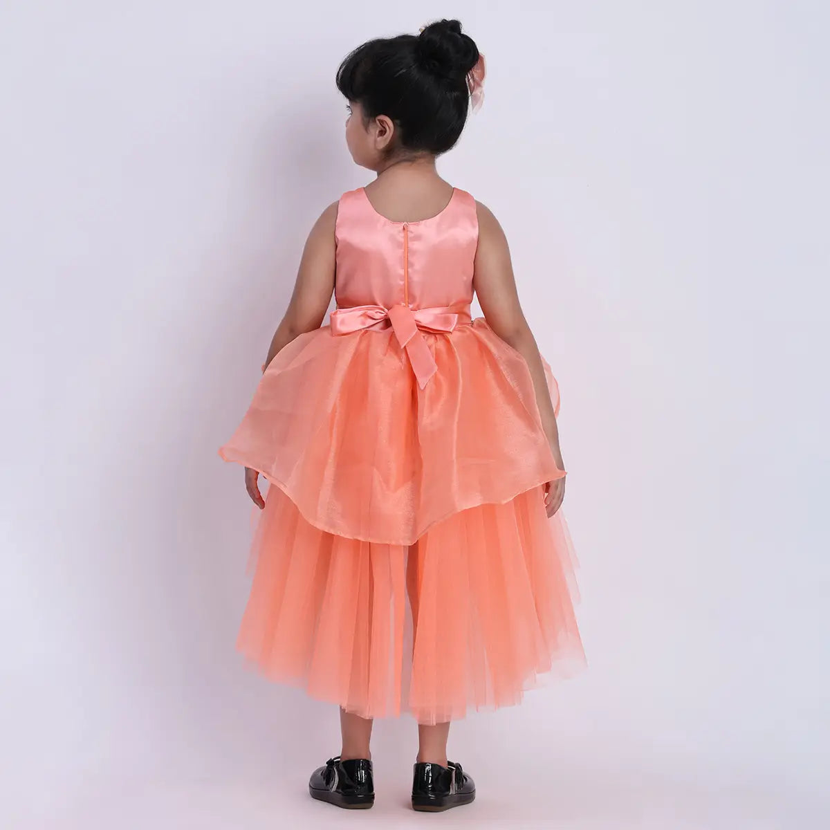 Girls Orange Flower Applique Sleeveless Fit & Flare Dress With Tulle High-Low Hemline Party Dresses