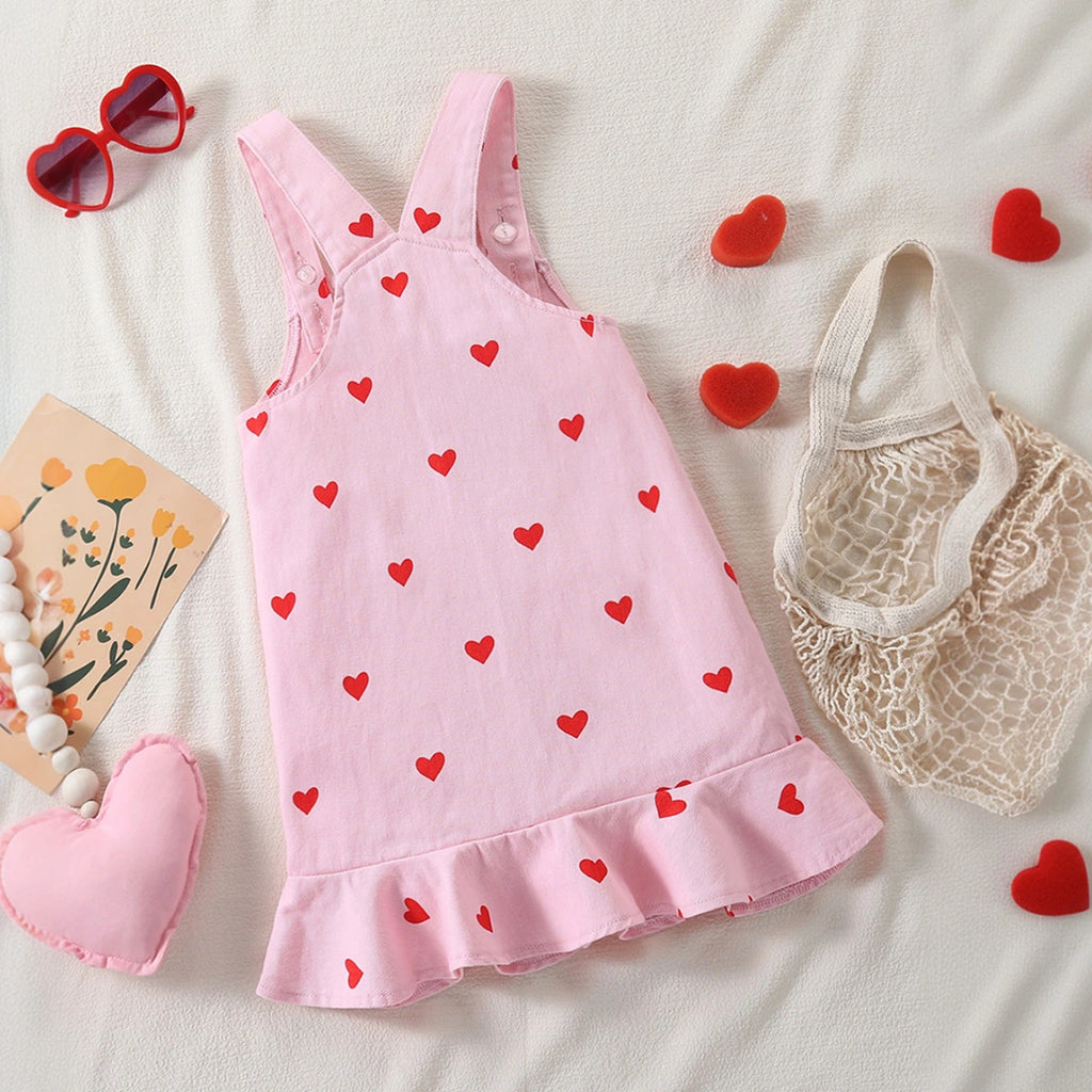 Girls Light Pink Heart Print sleeveless Pinafore Dress Casual Dresses
