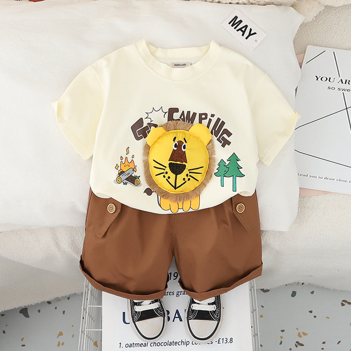 Boys 3D Lion Appliqued T-Shirt With Brown Shorts Set 2 pc. Sets Brown 1-2 Y