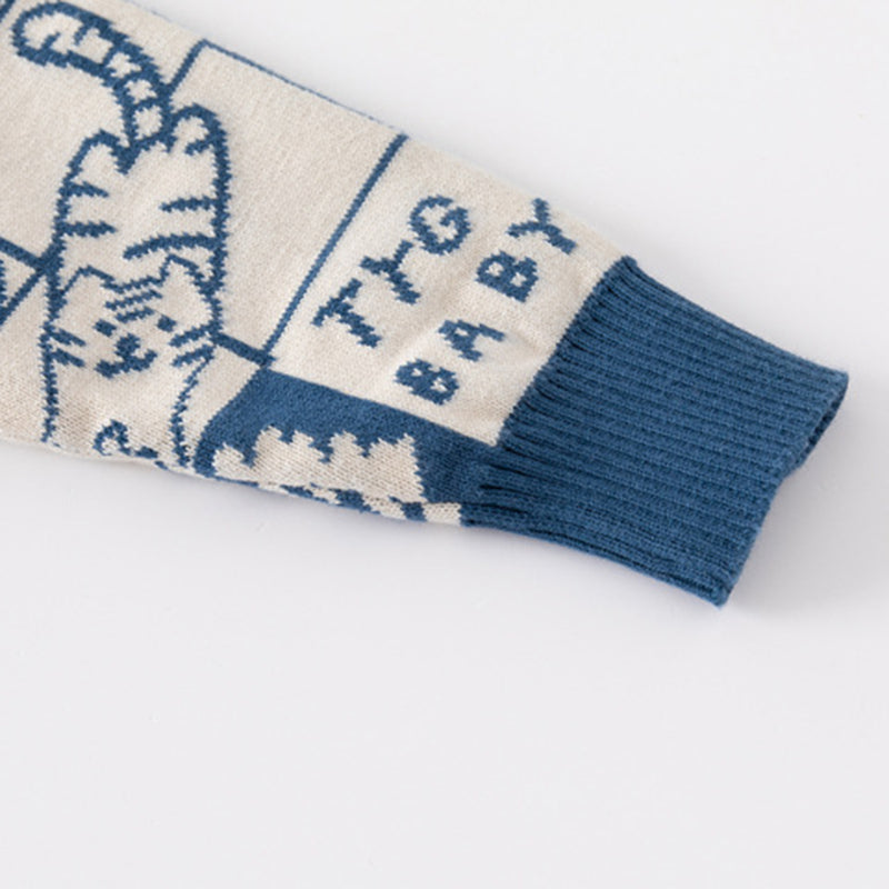 Boys Blue Cardigan With Self Design Cat Ptterns Sweaters & Cardigans