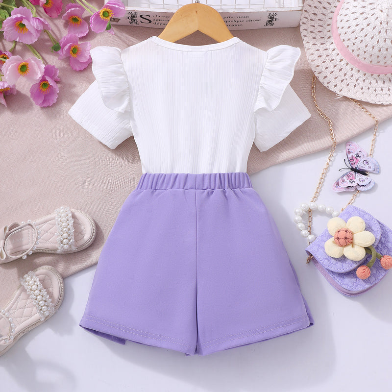 Girls Short Sleeve T-Shirt With Purple Beaded Shorts Set 2 pc. Sets