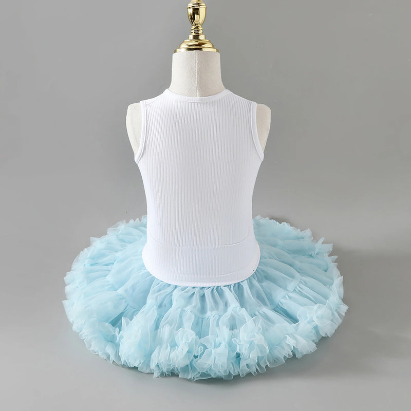 Girls Flower Applique Top With Sky Blue Tiered Tulle Skirts Set Sets