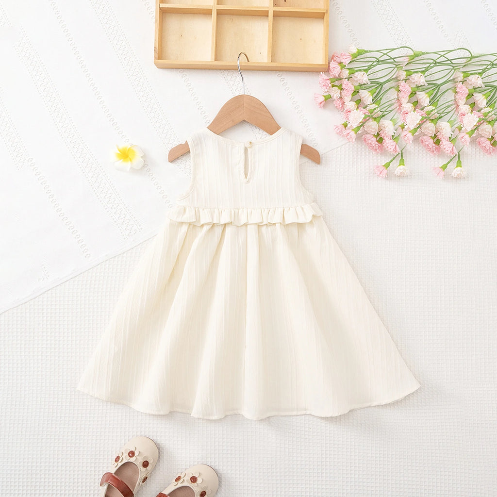 Girls Off White Self Stripes Sleeveless Fit & Flare Dress Casual Dresses