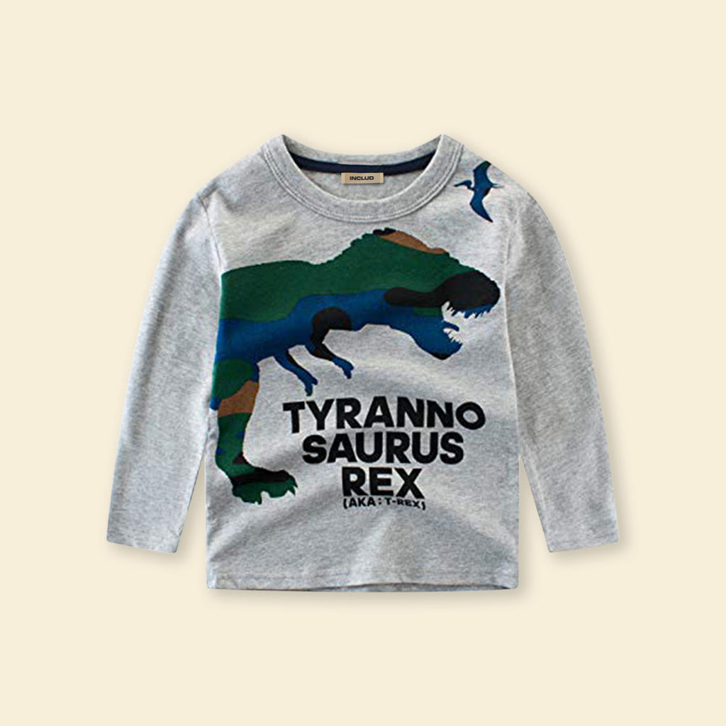 Boys Grey Melange Full Sleeves Dinosaur Print T-shirt T-Shirt