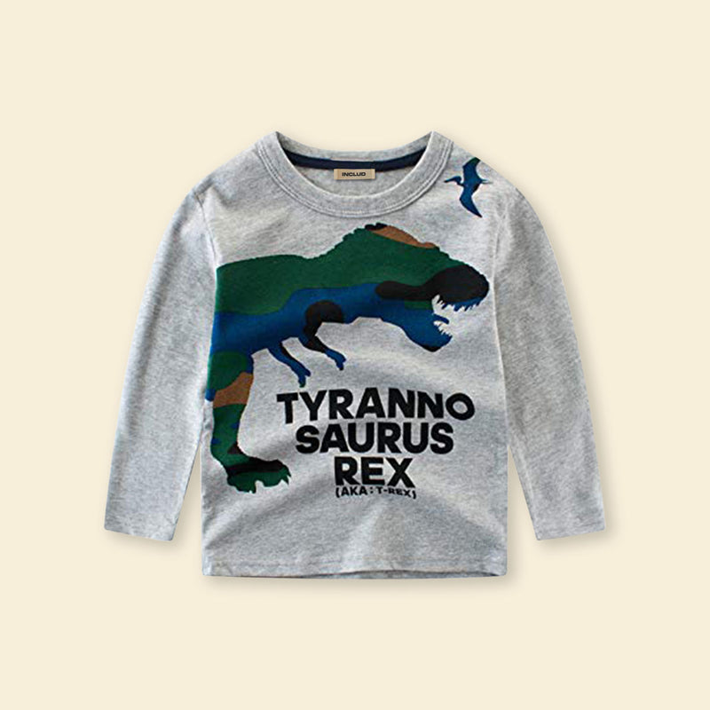 Boys Grey Melange Full Sleeves Dinosaur Print T-shirt T-Shirt