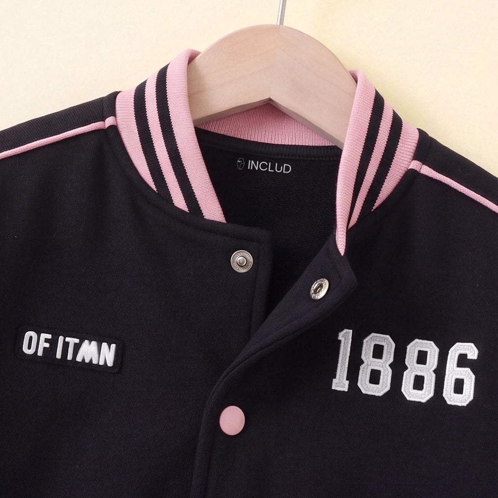 Girls Pink Alphanumeric Printed Varsity Jacket With Pleated Skirt Sets 2 pc. Sets
