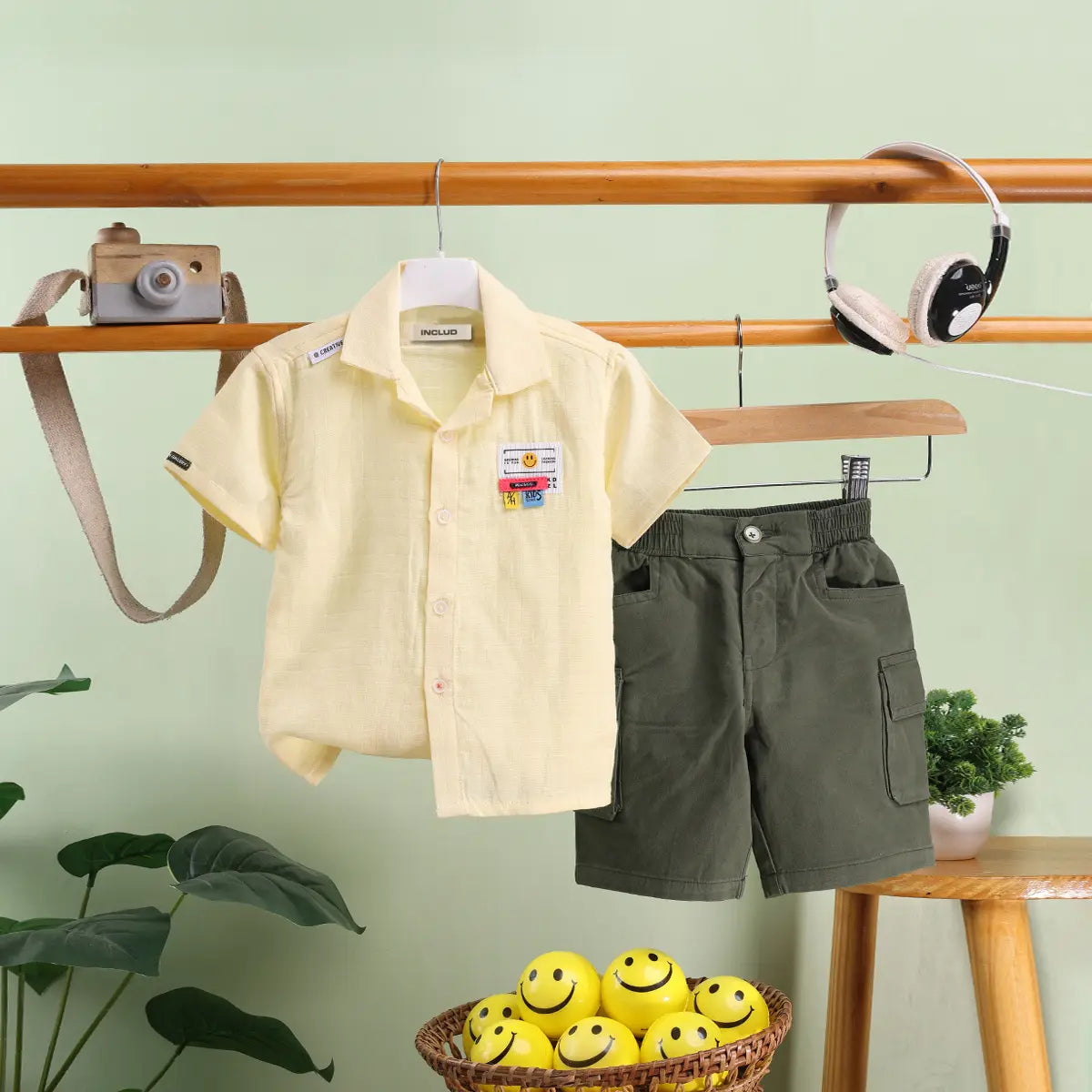 Boys Yellow Checked Short Sleeves Shirt With Shorts Sets Sets Yellow 0-1 Y