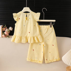 Girls Yellow Checked Flutter Sleeve Top With Pants Sets 2 pc. Sets