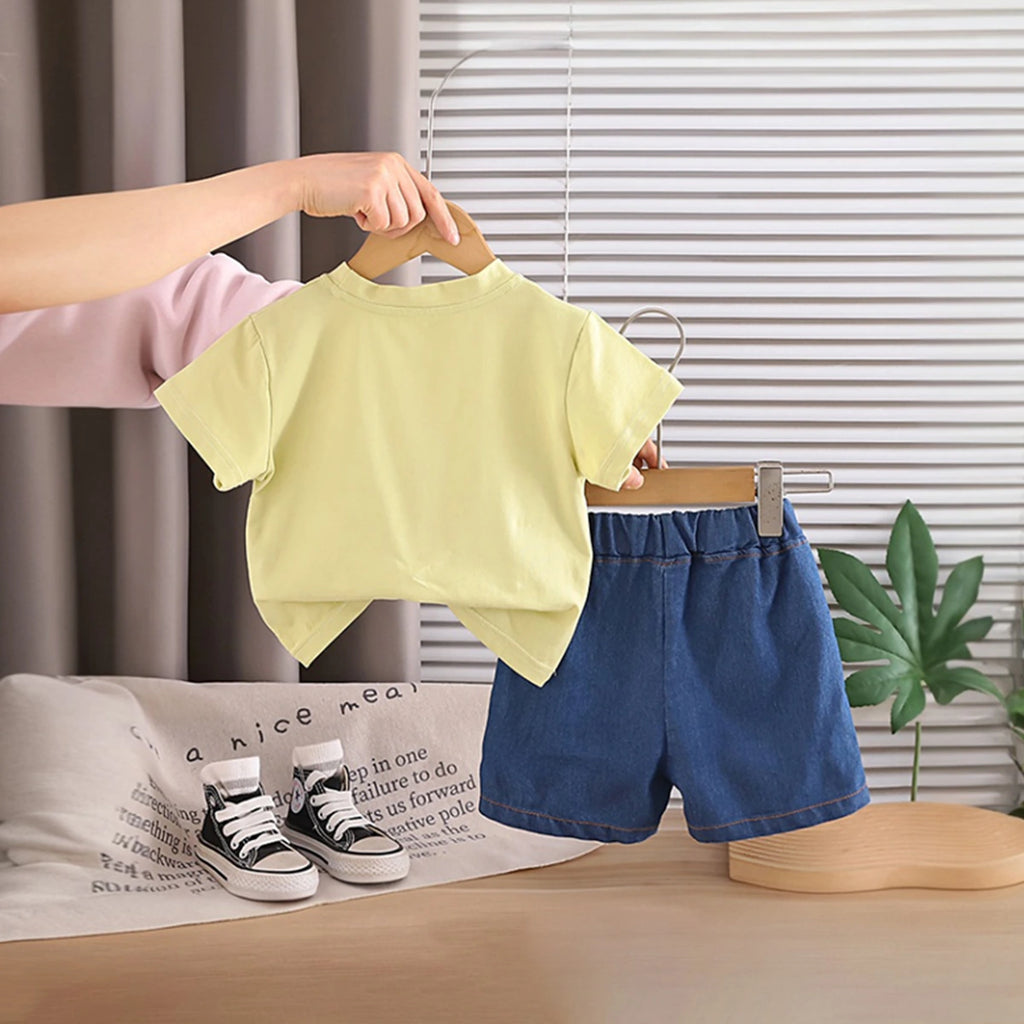 Boys Lime Yellow Graphics T-Shirt With Denim Shorts Set Sets