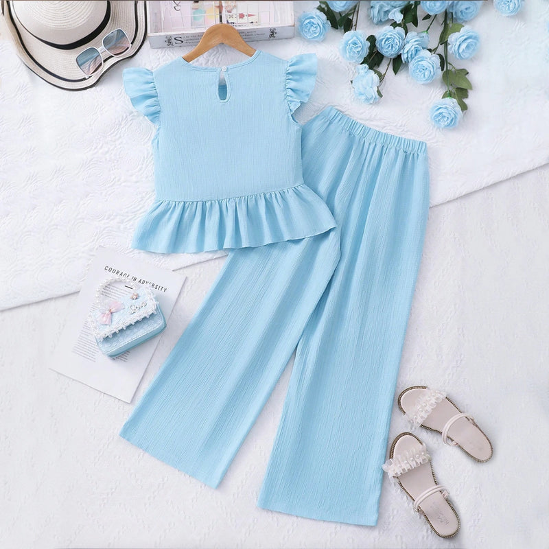 Girls Sky Blue Bow Applique Peplum Top & Pants Co-ord Sets Sets