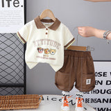 Boys Cream Graphic Printed Polo T-Shirt With Brown Shorts Set