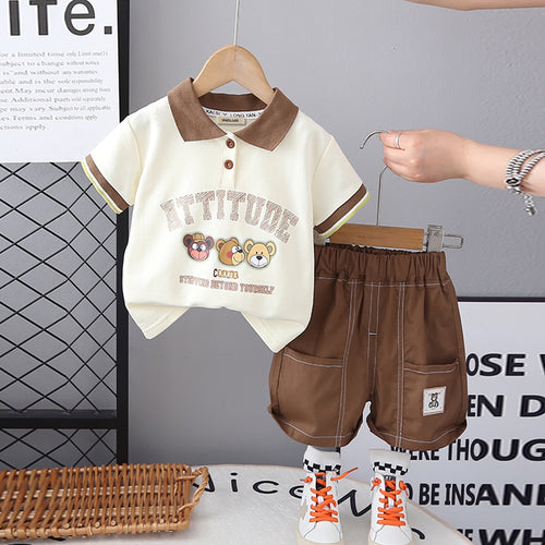 Boys Cream Graphic Printed Polo T-Shirt With Brown Shorts Set 2 pc. Sets Brown 1-2 Y