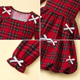 Girls Red Checked Long Sleeve Balloon Dress Casual Dresses