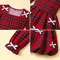 Girls Red Checked Long Sleeve Balloon Dress Casual Dresses