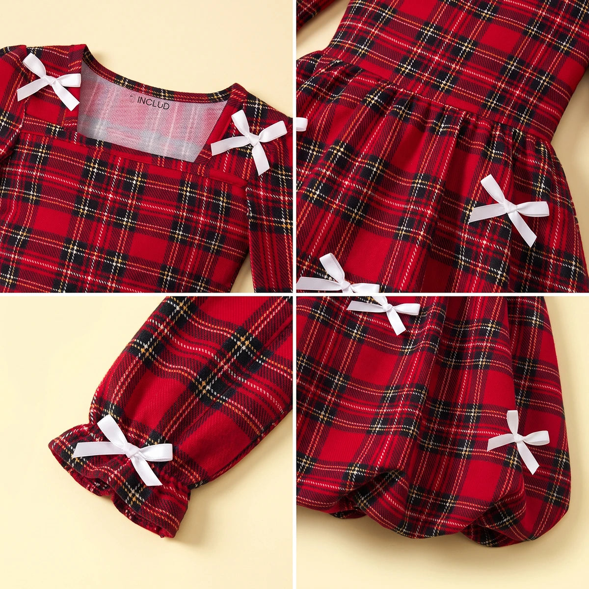 Girls Red Checked Long Sleeve Balloon Dress Casual Dresses