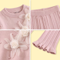 Girls Peach Flower Applique Knitted Sweater & Pants Sets Sets