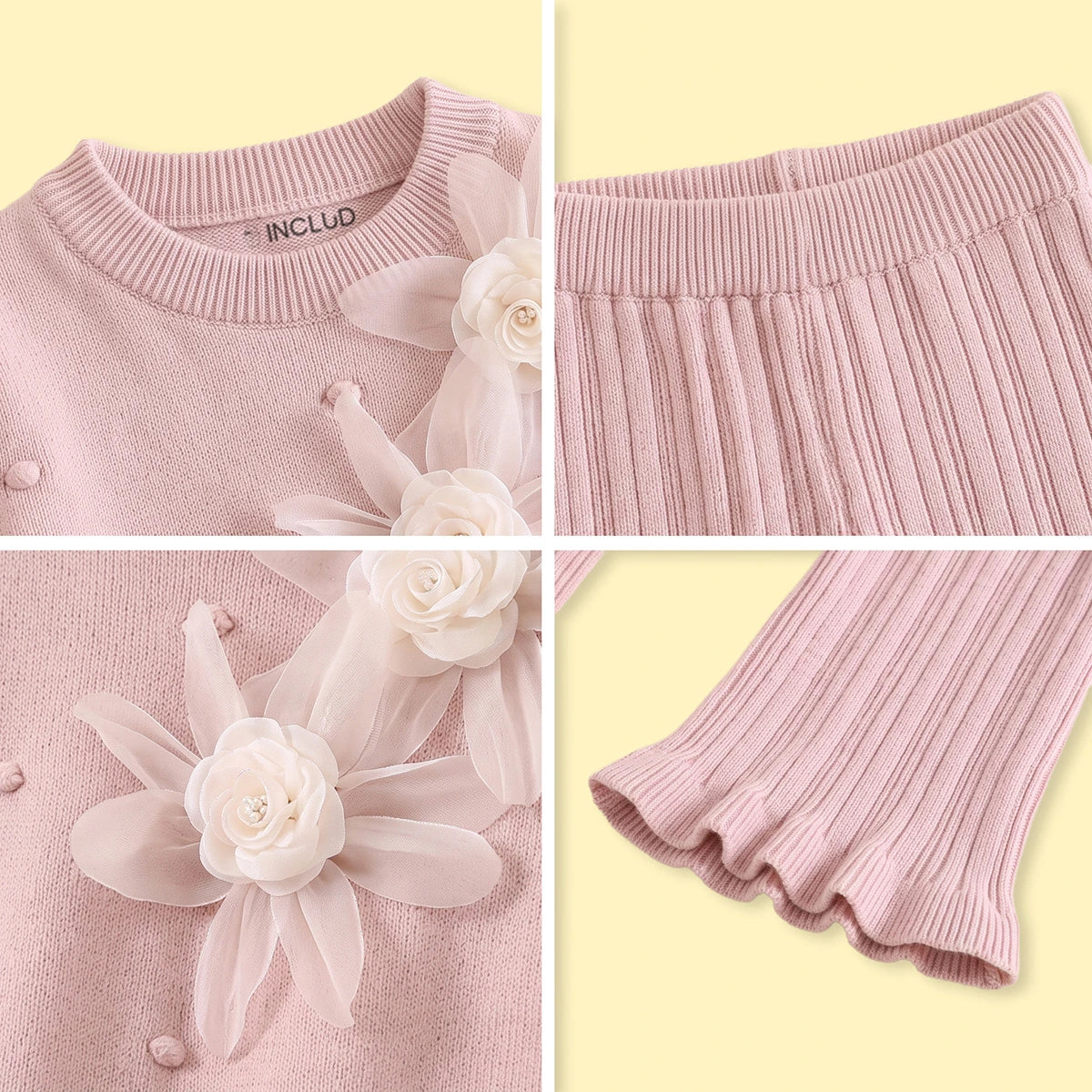 Girls Peach Flower Applique Knitted Sweater & Pants Sets Sets