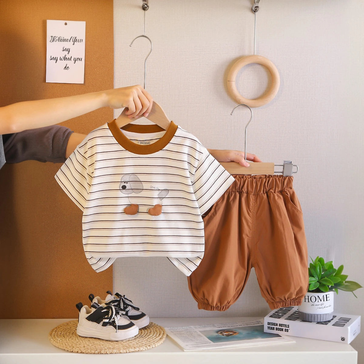 Boys White Dog Print Striped T-Shirt with Elasticated Shorts Sets 2 pc. Sets White 1-2 Y