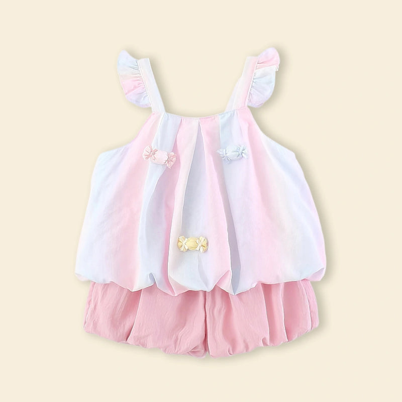 Girls Light Pink Candy Applique Top With Shorts Sets Sets