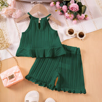 Girls Dark Green Textured Halter Top With Shorts Co-ord Sets Sets
