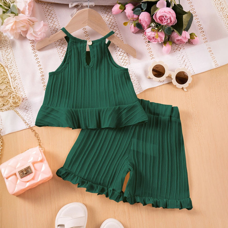 Girls Dark Green Textured Halter Top With Shorts Co-ord Sets Sets