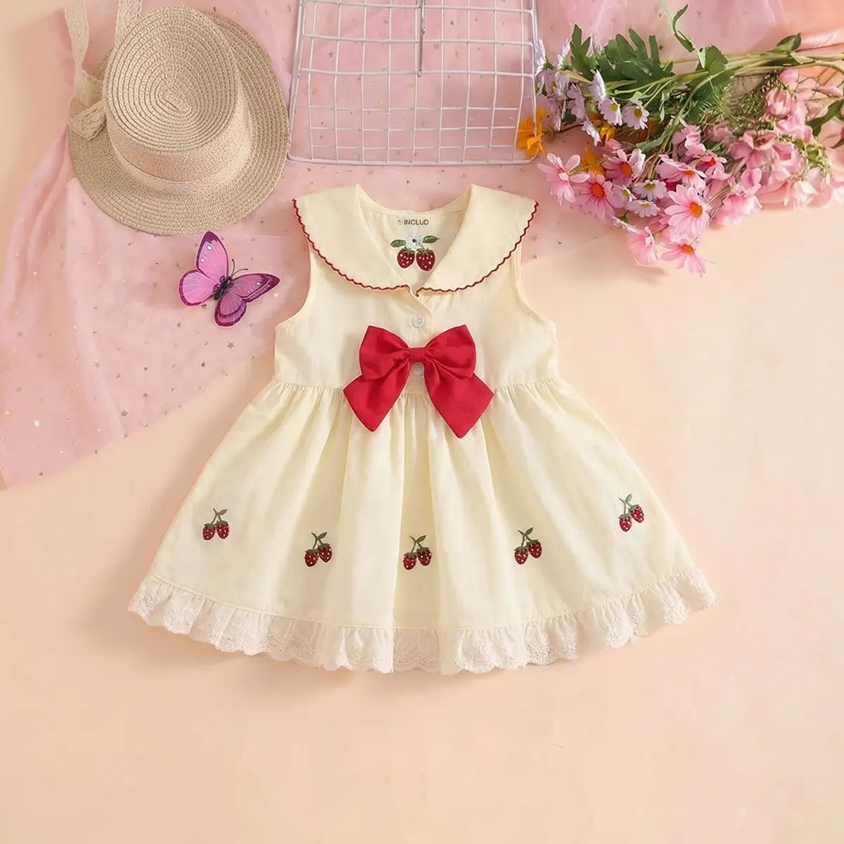 Girls Cream Strawberry Embroidered Sleeveless Fit & Flare Dress Casual Dresses Cream 1-2 Y