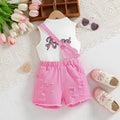 Girls White Angel Printed Sleeveless Top With Distress Short & Sling Bag Sets Sets White 3-4 Y