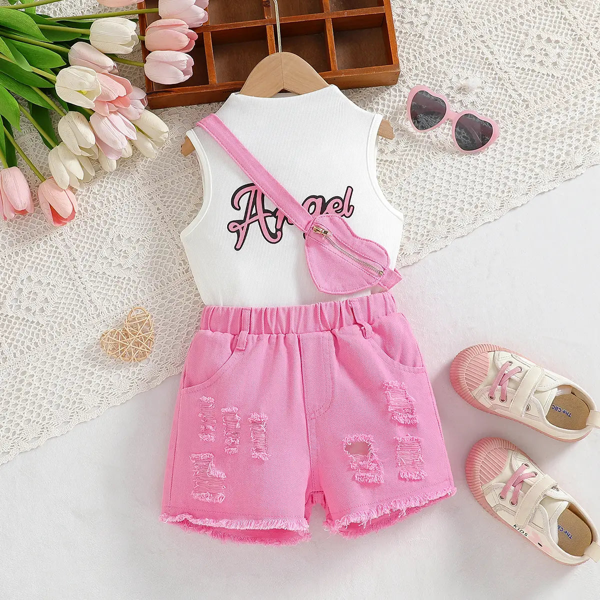 Girls White Angel Printed Sleeveless Top With Distress Short & Sling Bag Sets Sets White 3-4 Y