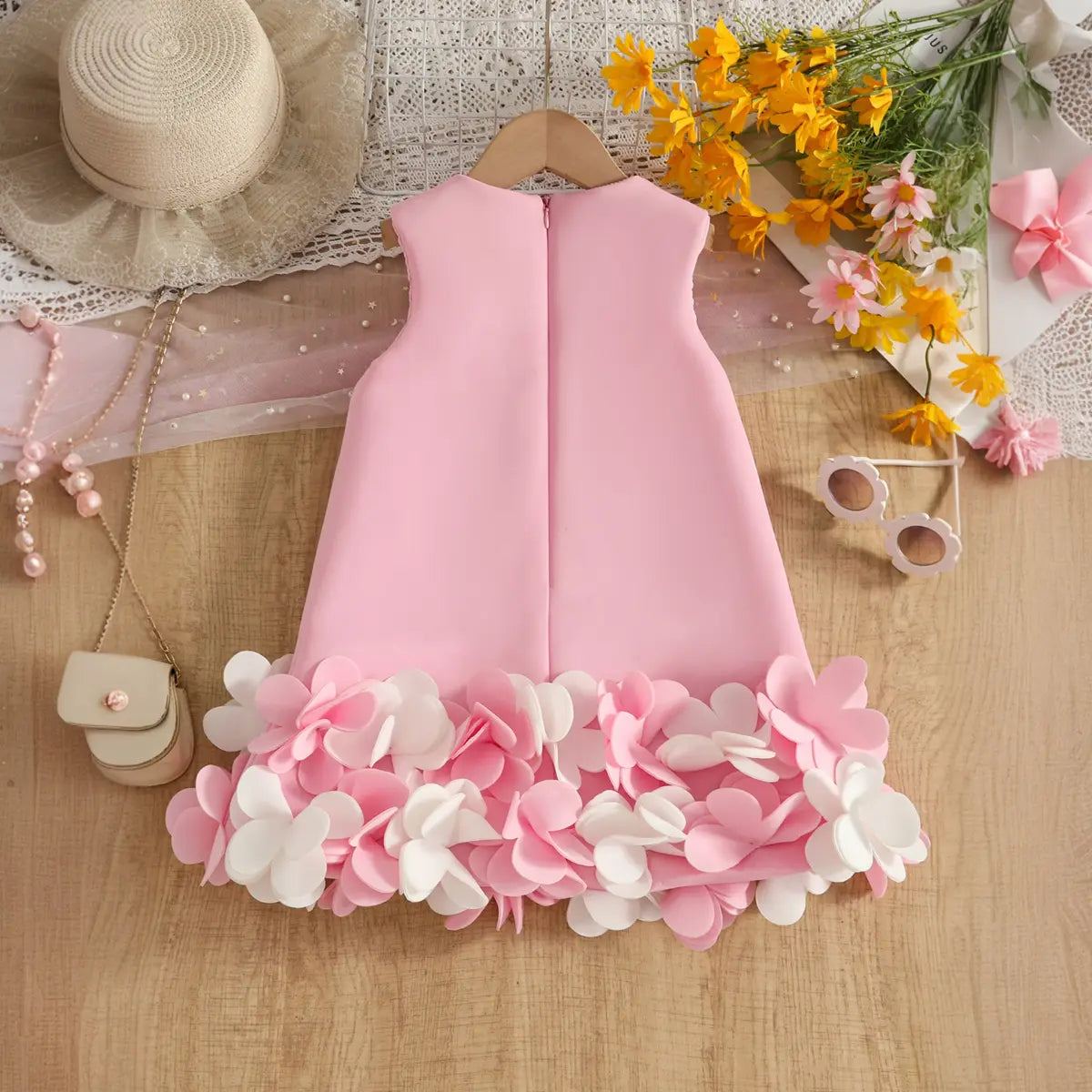 Girls Pink Sleeveless A-line Party Wear Dress With Floral Applique Party Dresses