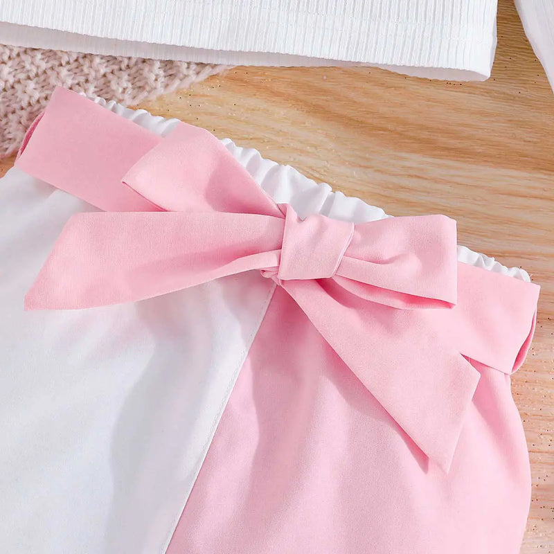 Girls Floral Applique Long Sleeve Top & Pink Skirt Sets Sets