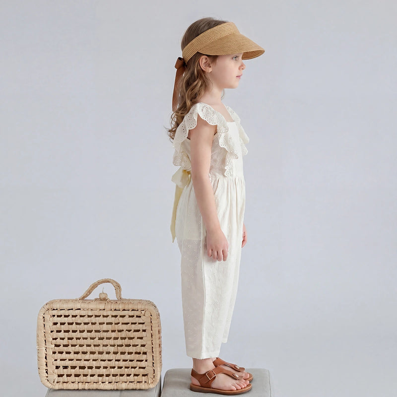 Girls Cream Swiss Dot Flutter Sleeve Jumpsuit Jumpsuits