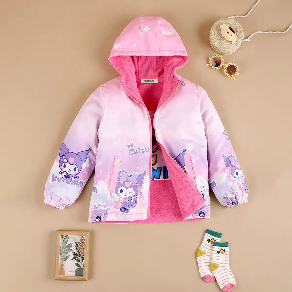 Girls Light Pink Kuromi Cartoon Printed Reversible Hooded Zipper Jacket Coats & Jackets