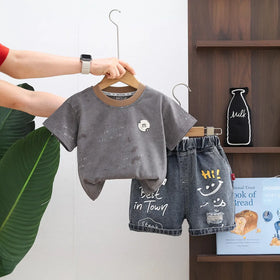 Boys Grey Typographic Print T-Shirt With Distressed Denim Shorts Set Sets Grey 1-2 Y