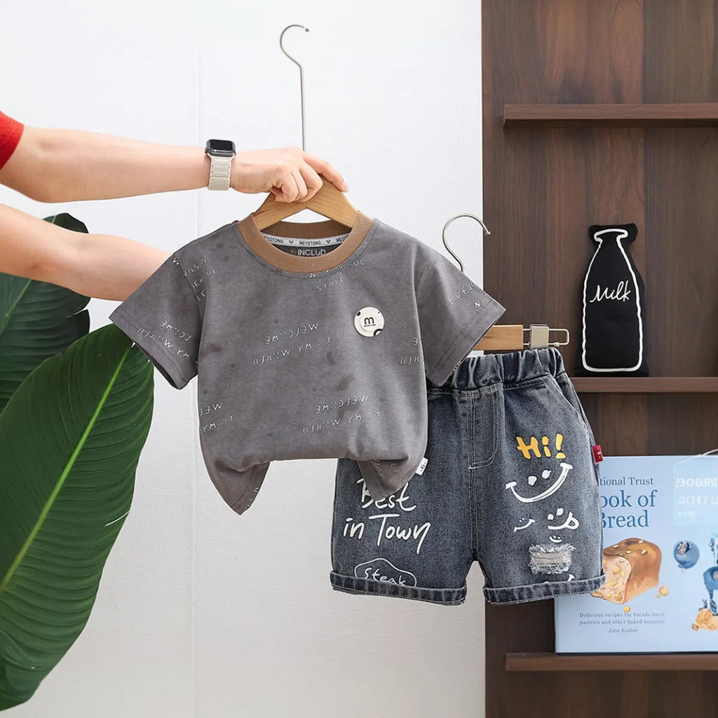 Boys Grey Typographic Print T-Shirt With Distressed Denim Shorts Set Sets Grey 1-2 Y