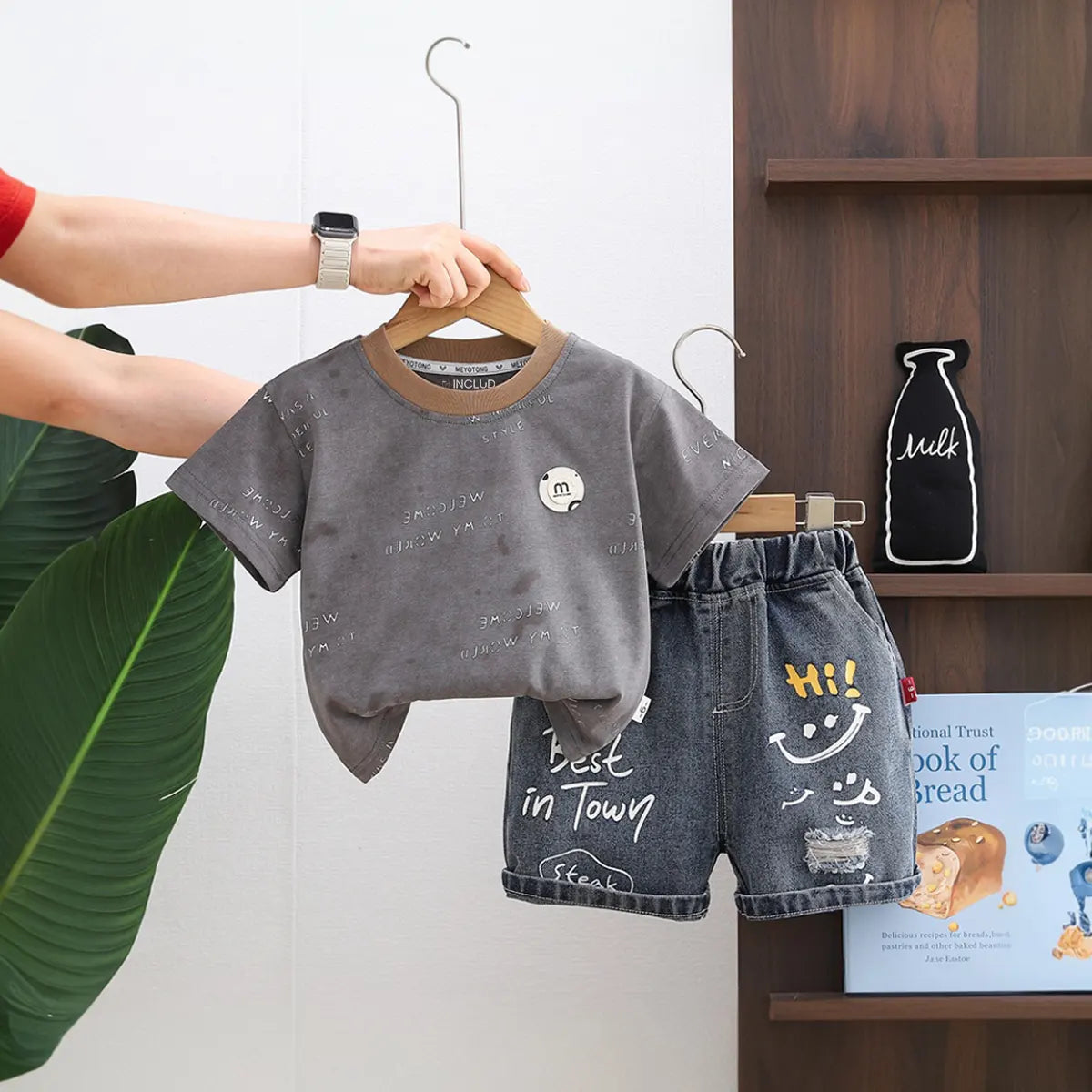 Boys Grey Typographic Print T-Shirt With Distressed Denim Shorts Set Sets Grey 1-2 Y