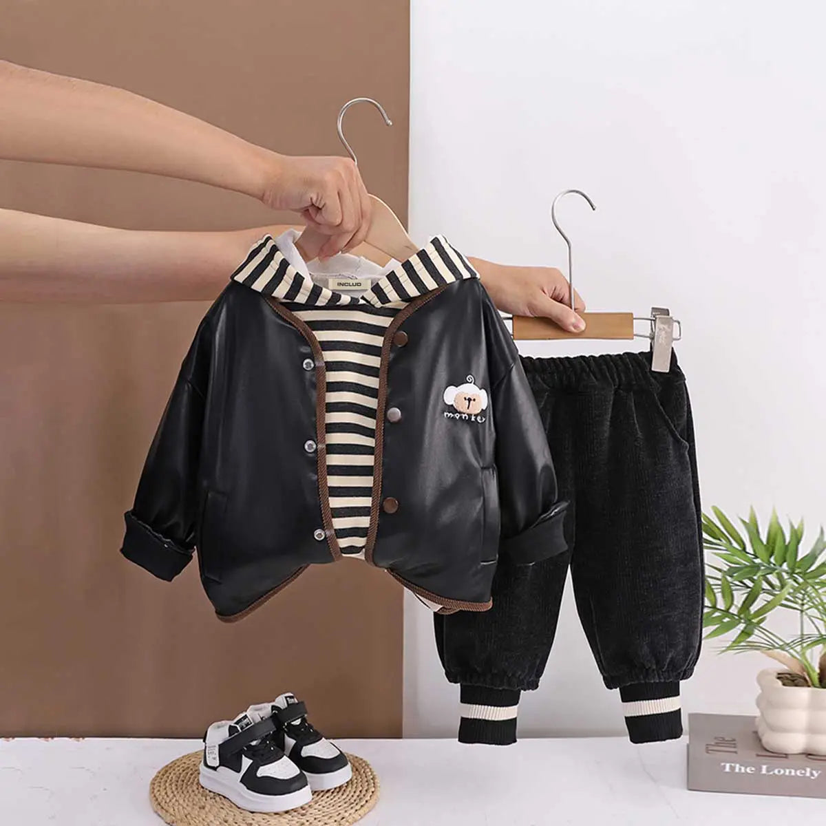 Boys Black Faux Leather Jacket With Striped Hooded Sweatshirt & Jogger Sets Sets