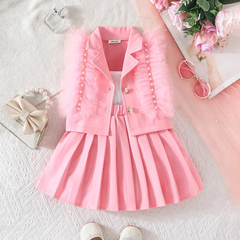 Girls Pink Embellished Ruffled Blazer Vest With Pleated Skirt & Camisole Top Sets Sets