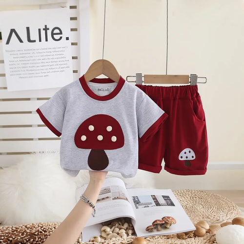 Boys Maroon Mushroom Applique Short Sleeve T-Shirt with Elasticated Shorts Sets 2 pc. Sets Maroon 1-2 Y