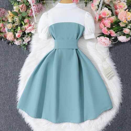 Girls Teal Polo Neck Flared Dress with Wide Belt Casual Dresses