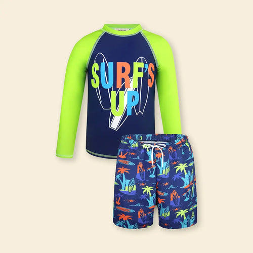 Boys Green Typographic Printed Long Sleeves T-Shirt & Shorts Swimsuit Sets Sets Green 7-8 Y