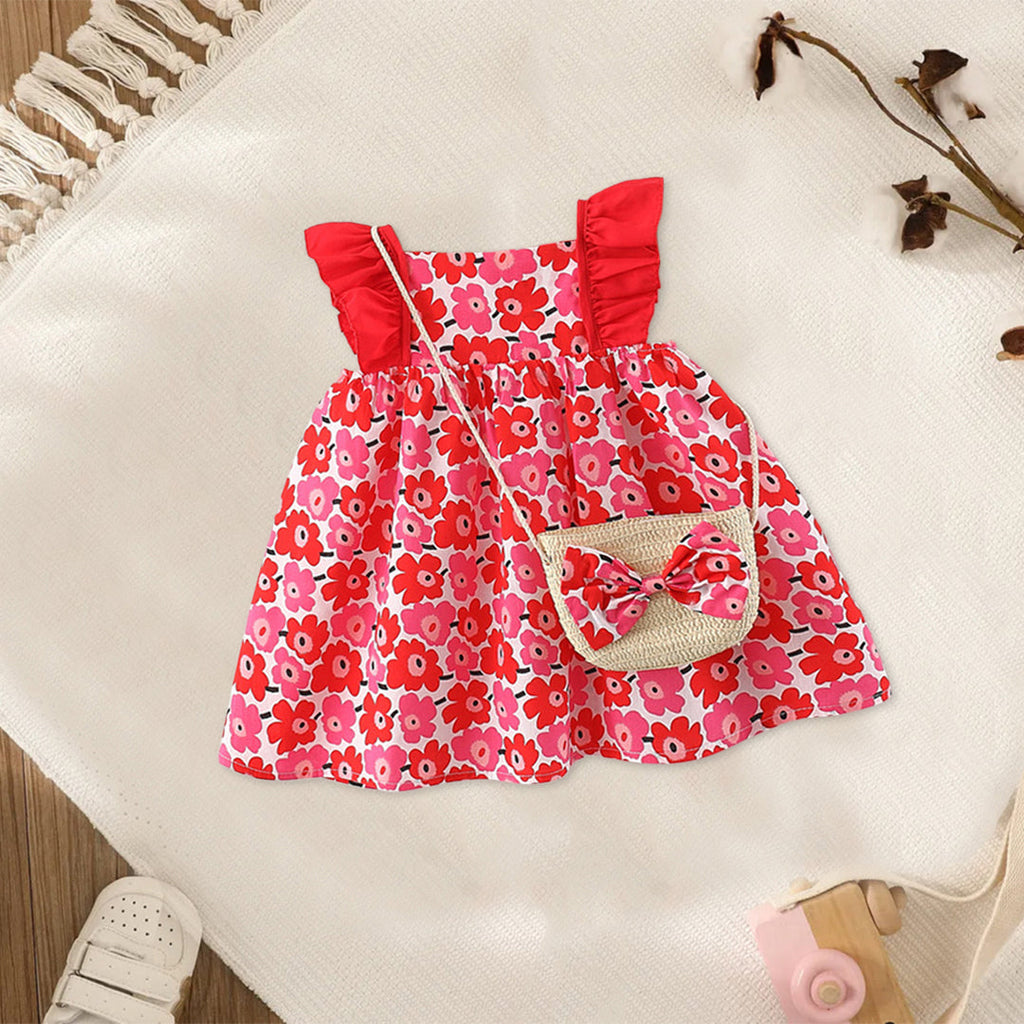 Girls Floral Print Dress with Sling Bag Casual Dresses Red 1-2 Y