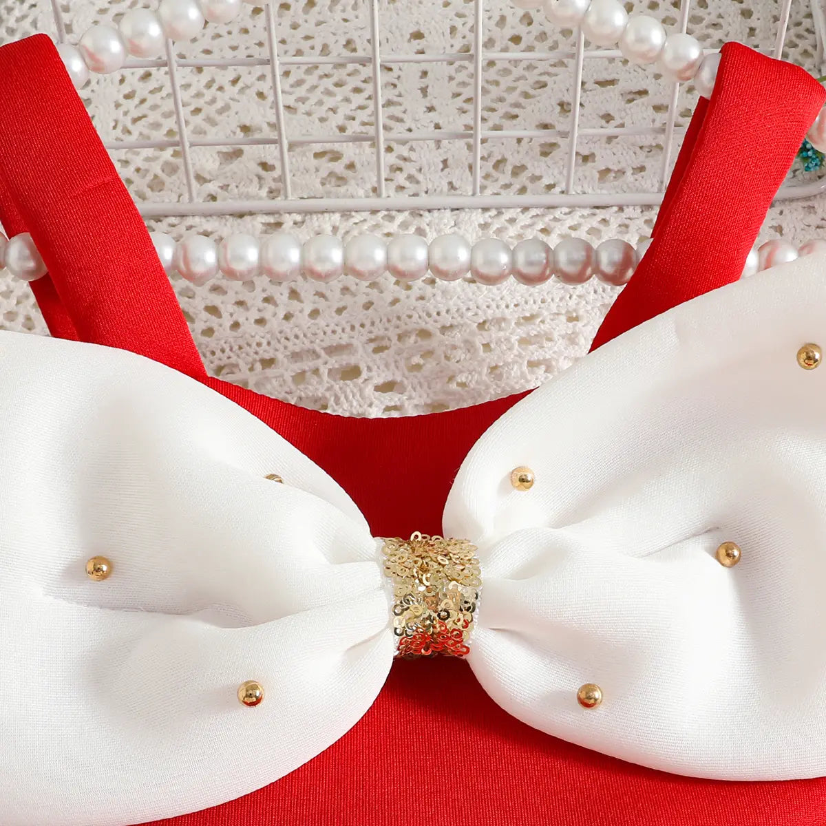 Girls Red Sleeveless Fit & Flare Party Wear Dress With Embellished Bow Applique Party Dresses
