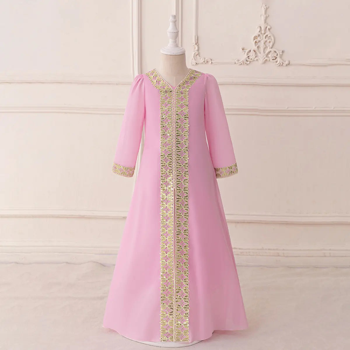 Girls Pink Embroidered A-Line Maxi Dress With V-neckline Casual Dresses Pink 3-4 Y